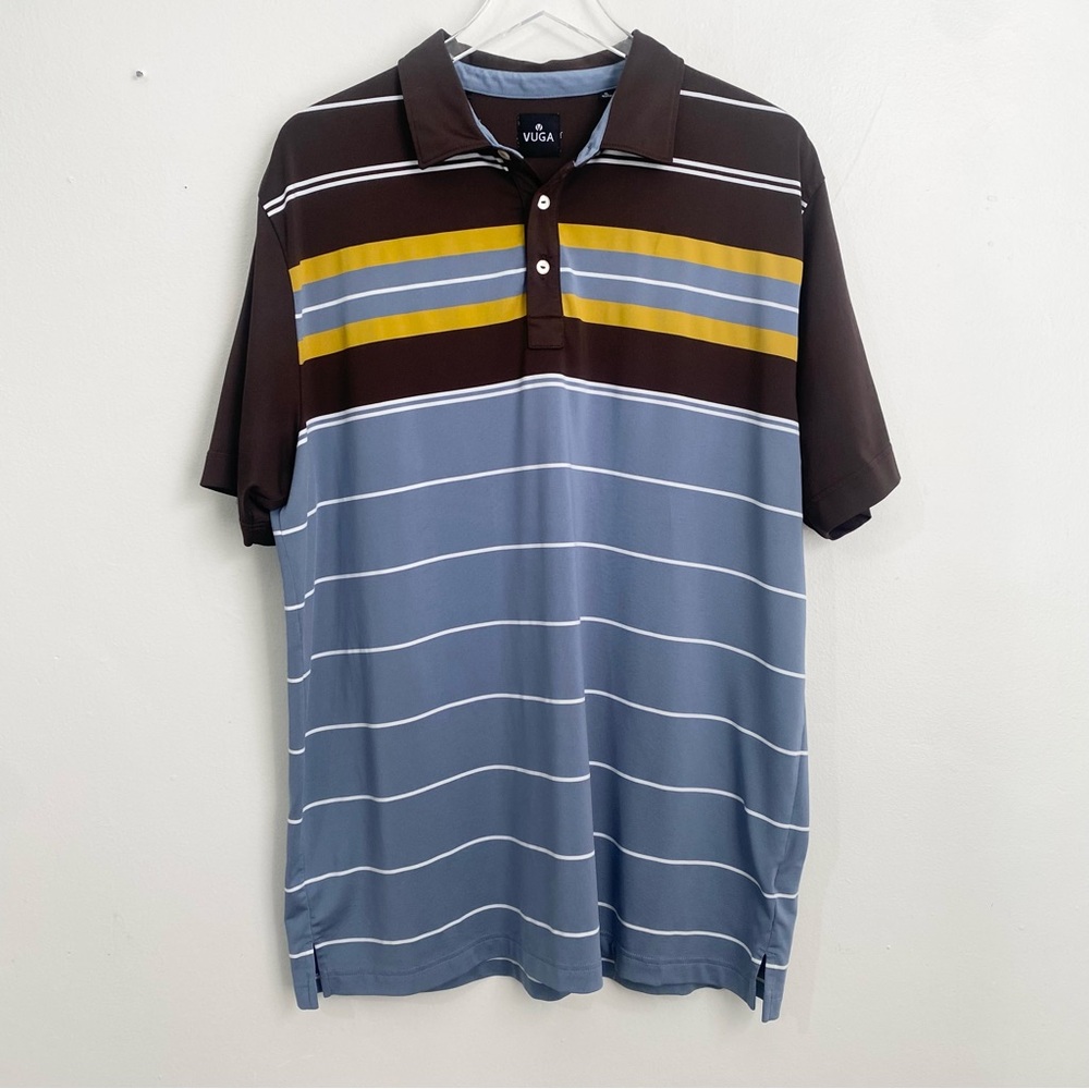 VUGA Golf Performance Polo Shirt Men’s Size XL Blue Brown Yellow Stripe Stretch